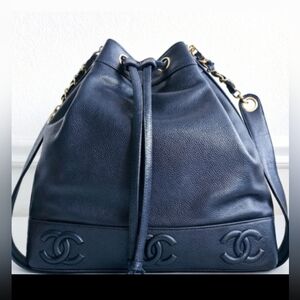 Chanel Navy Blue Caviar Triple CC Bucket Bag